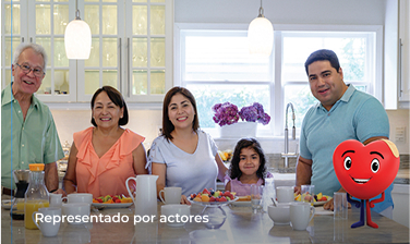 Familia desayunando con personaje de corazón animado.