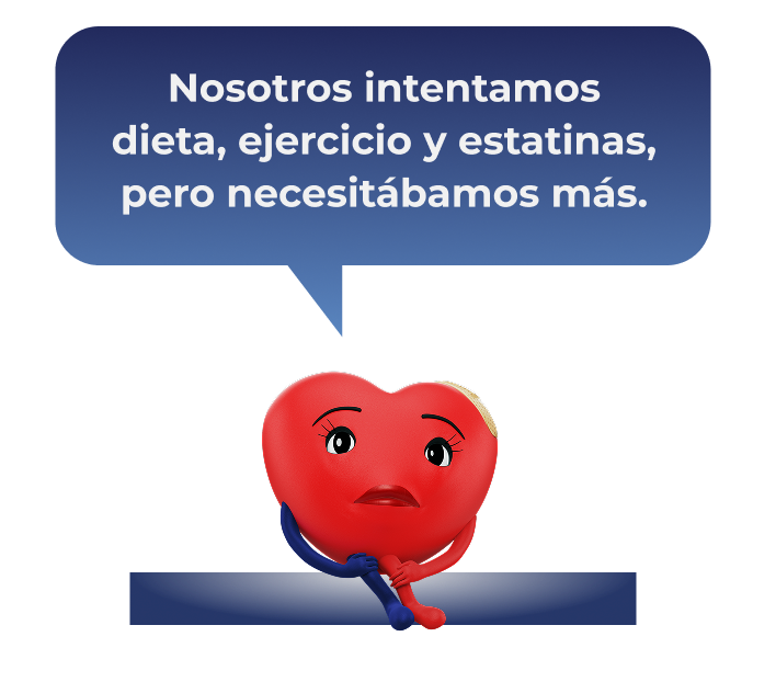 Corazón animado con mensaje que dice "Nosotros intentamos dieta, ejercicio y estatinas, pero necesitábamos más".