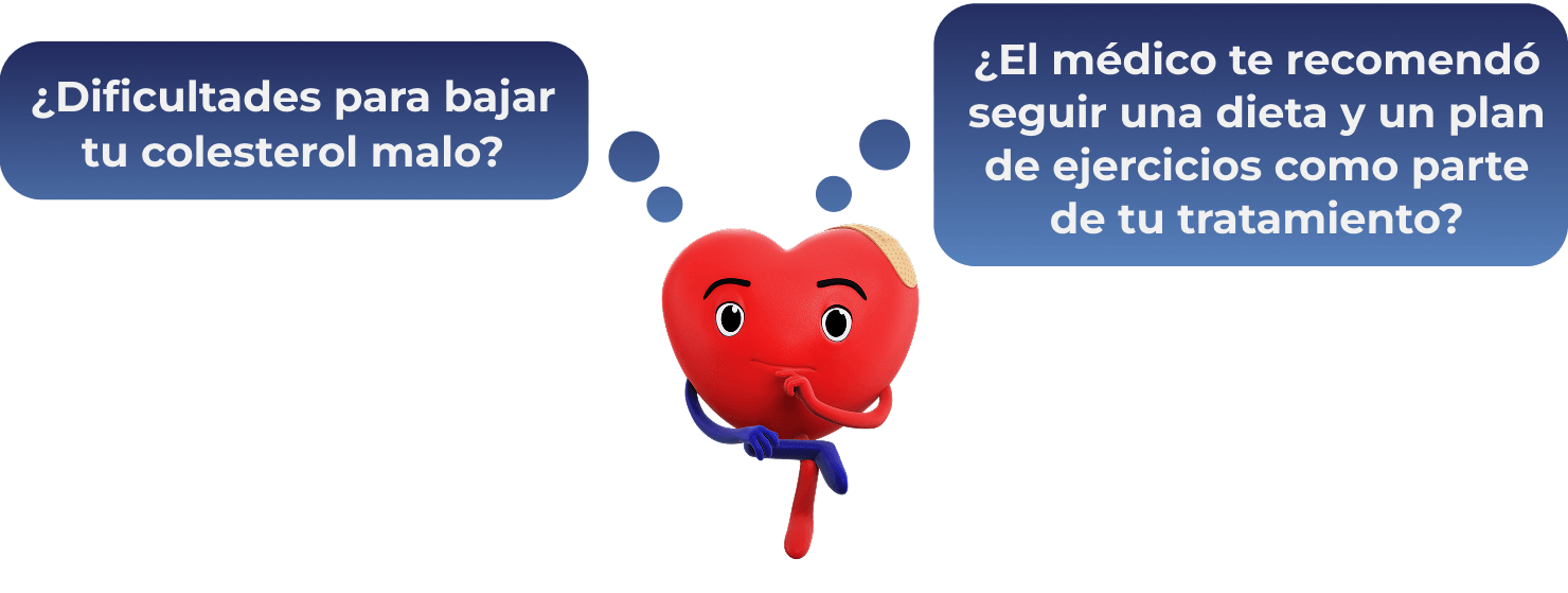 Corazón animado con dos bocadillos de diálogo que preguntan si tienes dificultades para bajar el colesterol malo y si tu médico recomendó seguir una dieta para el tratamiento.