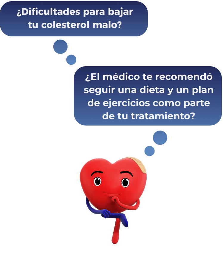 Corazón animado con dos bocadillos de diálogo que preguntan si tienes dificultades para bajar el colesterol malo y si tu médico recomendó seguir una dieta para el tratamiento.