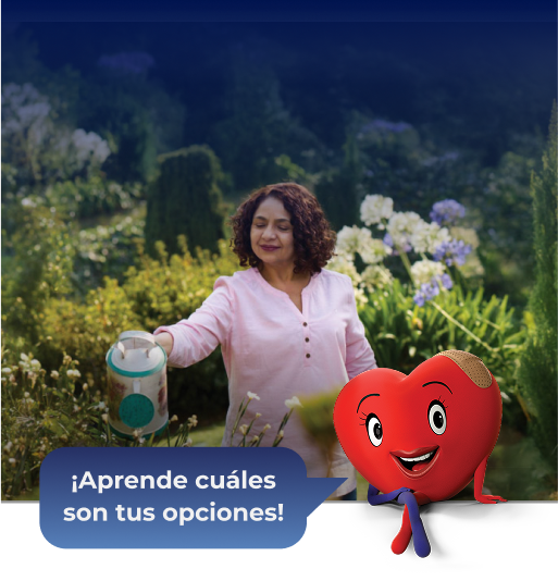 Mujer en el jardín con corazón animado y texto sobre como Repatha (evolocumab) tiene una amplia cobertura en todos los tipos de seguro médico.