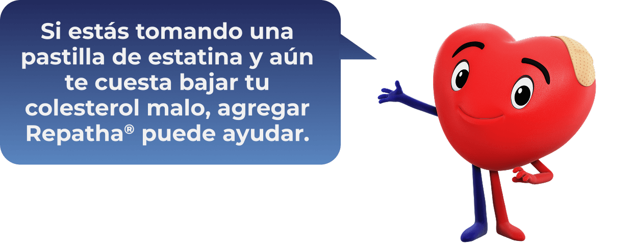 Personaje con forma de corazón señalando información sobre cómo Repatha (evolocumab) puede ayudar a eliminar el colesterol malo (LDL-C) de la sangre.