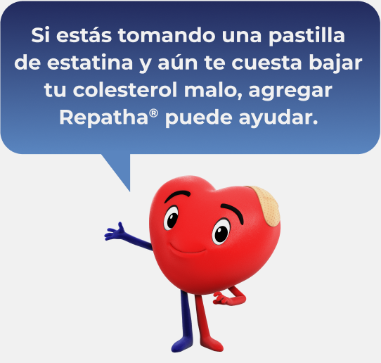 Personaje con forma de corazón señalando información sobre cómo Repatha (evolocumab) puede ayudar a eliminar el colesterol malo (LDL-C) de la sangre.